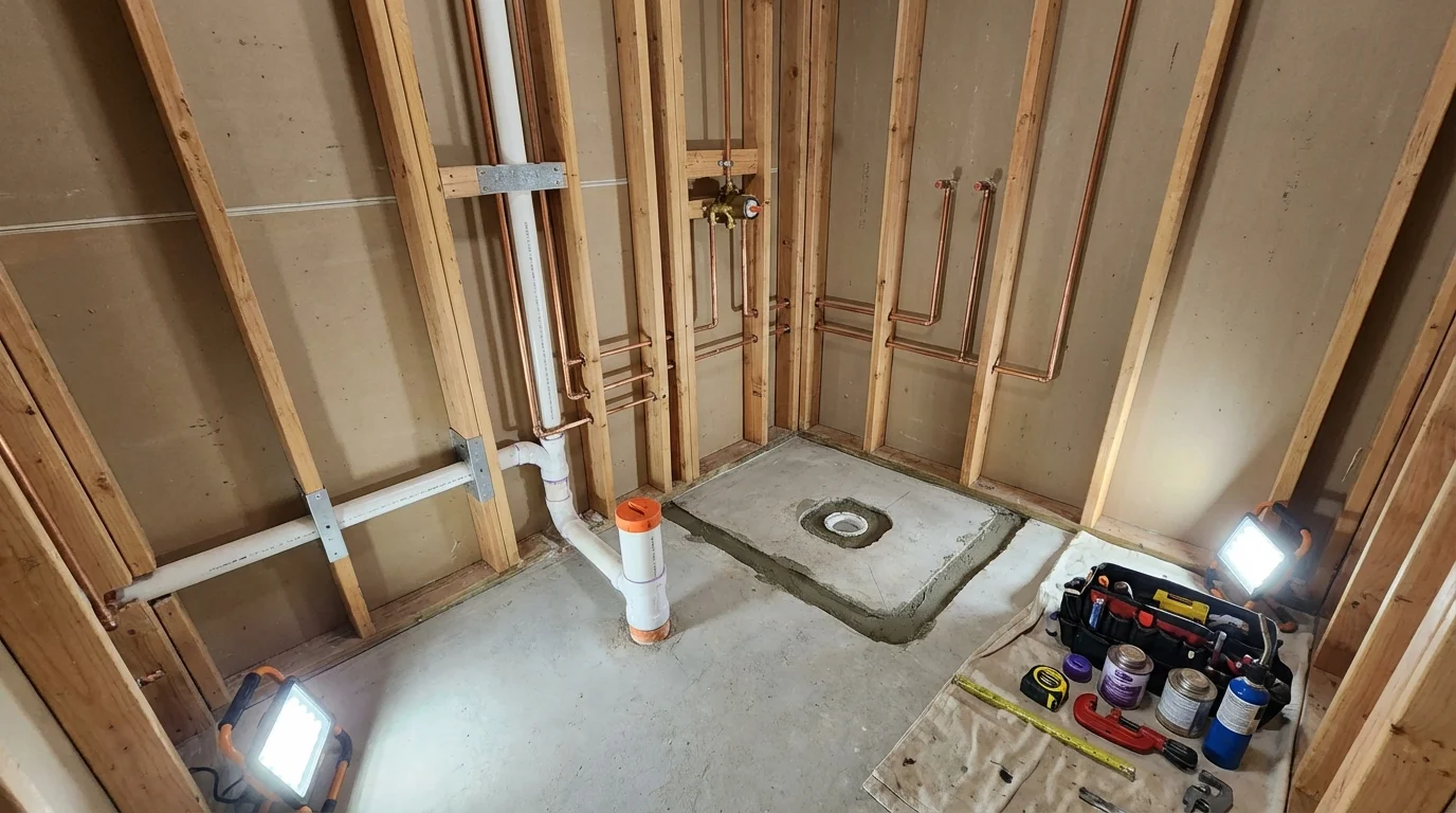 Bathroom rough-in plumbing during remodel by Johns Plumbing LLC in Magee