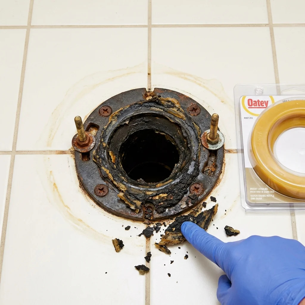 Failed wax ring showing water seepage at the base of a toilet in a Magee, MS home