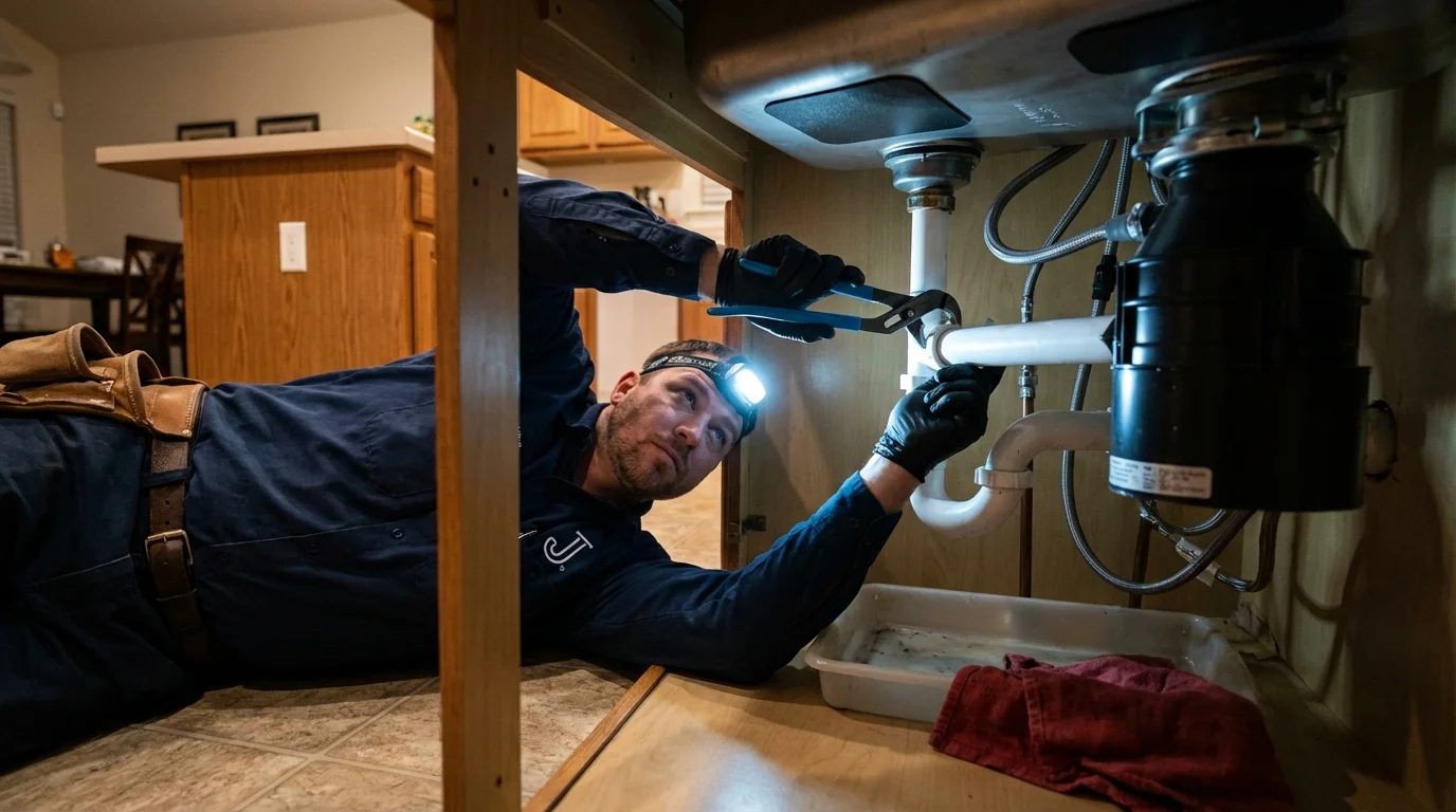 P-trap and supply line connections under a kitchen sink showing a common leak point in Magee, MS